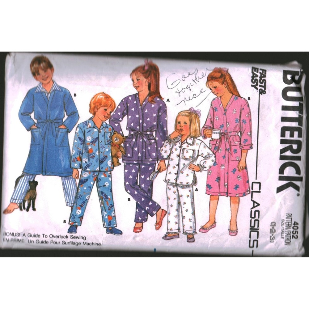 Butterick 4052 Kids Robe and Pajamas Sewing Pattern Sizes 1-2 Classics Fast Easy